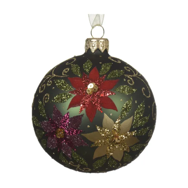 Lote de 6 bolas de Navidad de vidrio (D80 mm) Poinsettia con purpurina Verde Pino