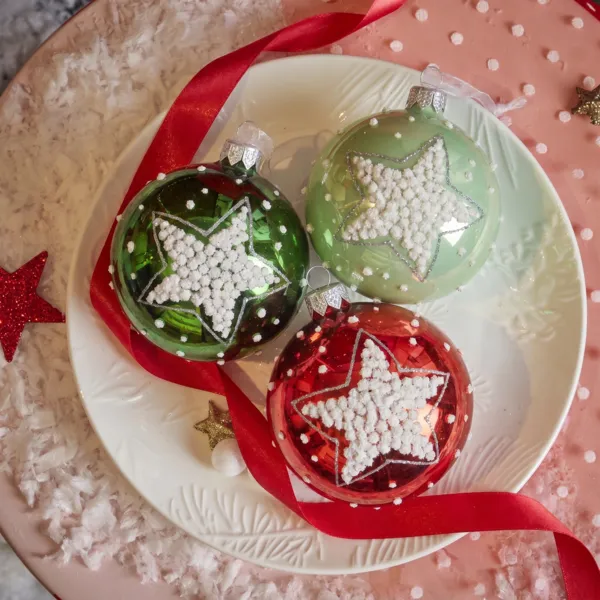 Lote de 6 bolas de Navidad de vidrio (D80 mm) Estrellas Verde y rojo