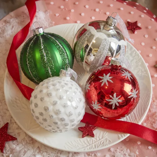 Set mit 12 Majesty Weihnachtskugeln aus Glas (�80 mm) in Rosmaringr�n, Rot und Silber