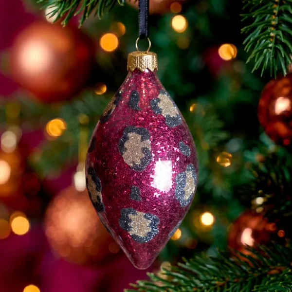 Set di 2 palline di natale in vetro (D8 cm) Gocce Leopardo disco Rosa scuro