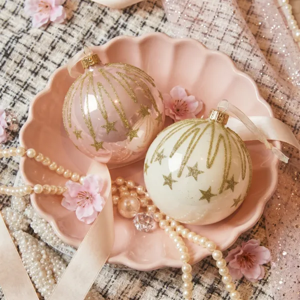 Set di 6 palline in vetro (D80 mm) Stelle festive Rosa cipria e bianco lana