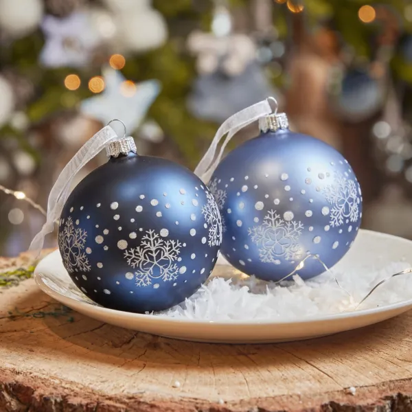 Set mit 6 Glaskugeln (� 80 mm) Polarflocken Nachtblau
