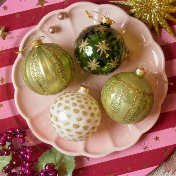 Set van 12 glazen kerstballen (�80 mm) Majesty Pistache, groen en wit