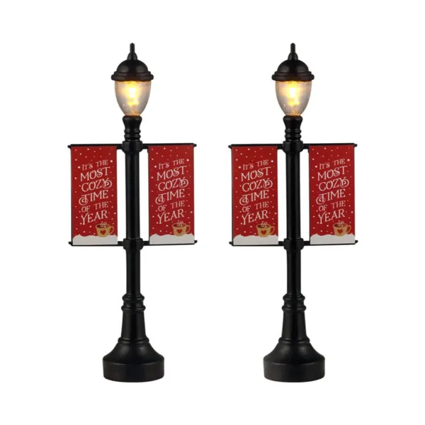 Accessori Lemax a pile Set di 2 Lampioni luminosi di Natale con bandiera