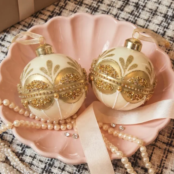 Set di 2 palline di natale in vetro (D80 mm) Preziosa Bianco lana e Oro