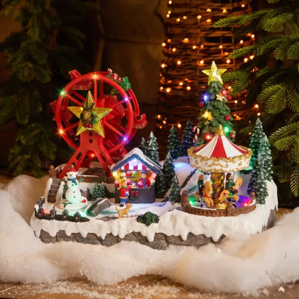Weihnachtsdorf mit Beleuchtung, Musik und Animation (H24 cm) Schneebedeckter Jahrmarkt