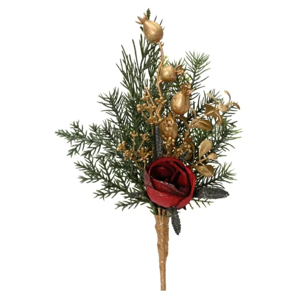 Branche de sapin (H25 cm) Roses et baies Rouge et or