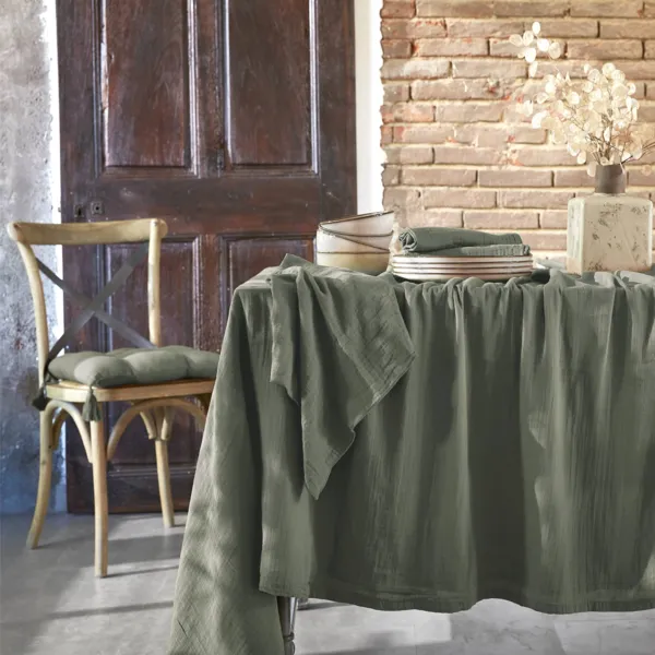 Nappe rectangulaire gaze de coton (150 x 300 cm) Ga�a Vert romarin
