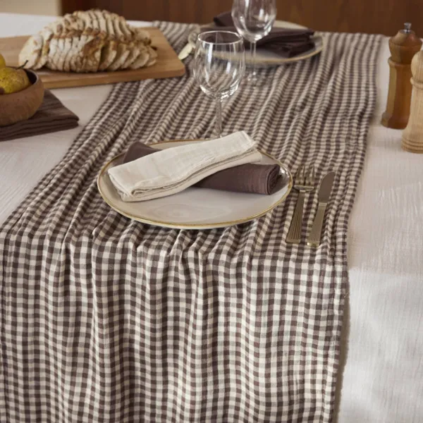 Tafelloper katoen gaze (50 x 150 cm) Ga�a vichy Bruin