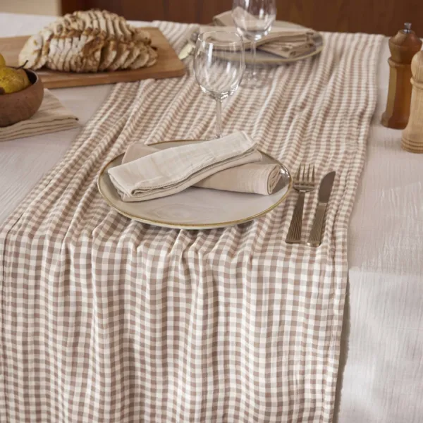 Chemin de table gaze de coton (50 x 150 cm) Ga�a vichy Ficelle