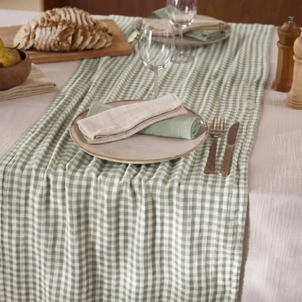 Chemin de table gaze de coton (50 x 150 cm) Ga�a vichy Vert eucalyptus