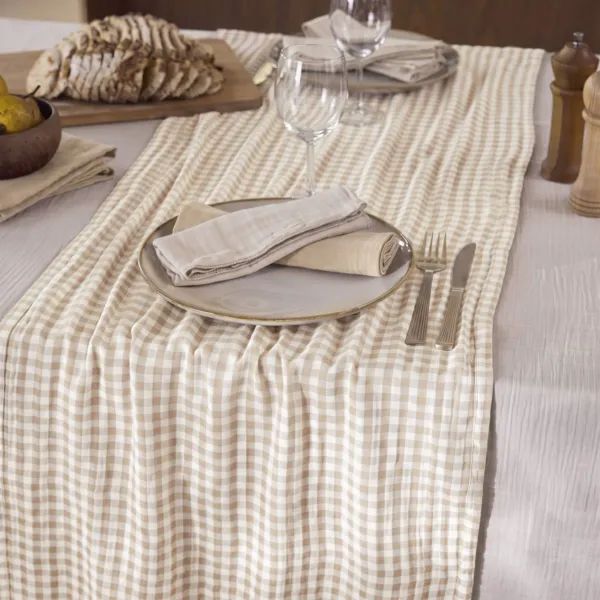 Chemin de table gaze de coton (50 x 150 cm) Ga�a vichy Beige
