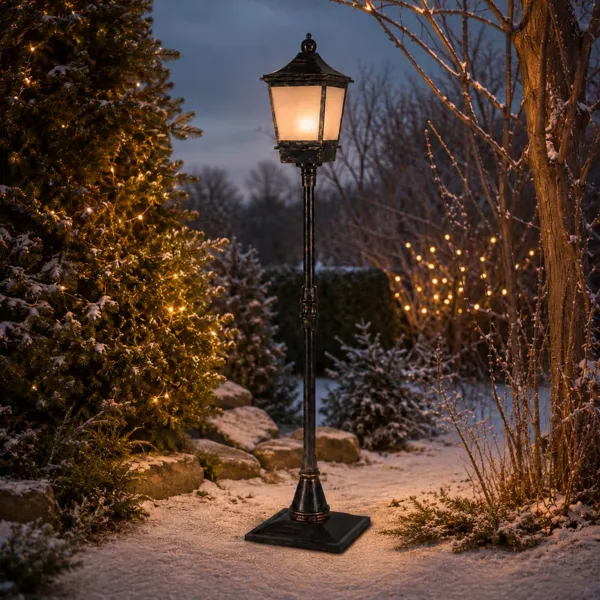 Verlichte kerststaande lamp 96 LED (H185 cm) Vlam effect Zwart en warm wit