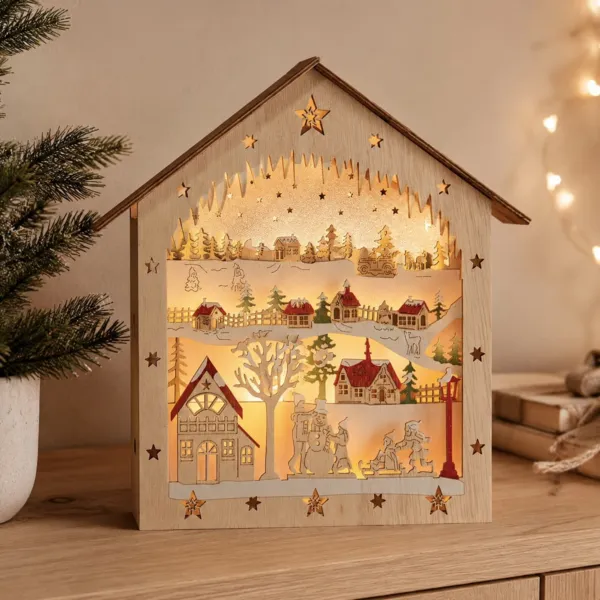 Maison d�co lumineuse en bois � piles (H26 cm) Chalet de No�l