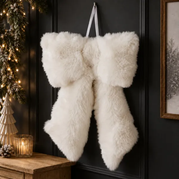 Gran lazo de Navidad (H46 cm) Piel sint�tica de Invierno Marfil