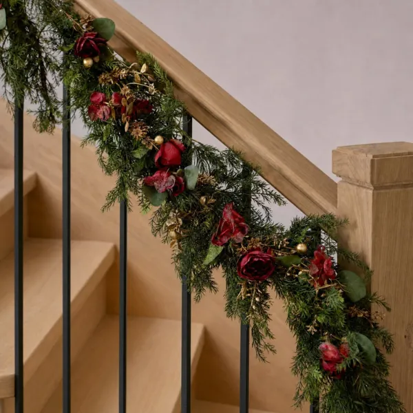 Ghirlanda per albero di Natale (180 cm - D15) Rose e bacche Rosso e oro