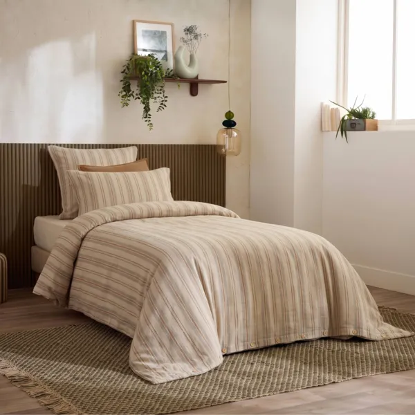Copripiumino in flanella di cotone (140 x 200 cm) Nina a righe Beige