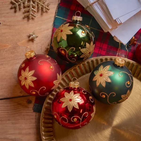 Set van 12 glazen kerstballen (�80 mm) Kersttuin Groen en rood