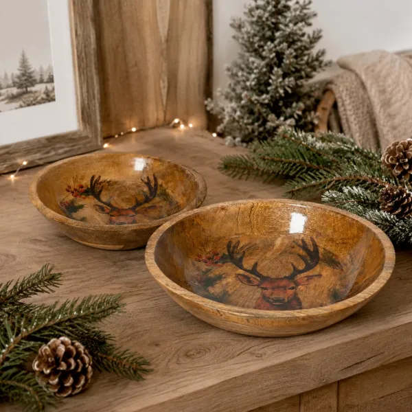 Set di 2 ciotole in legno di mango (D30-25 cm) Renne maestose Naturale