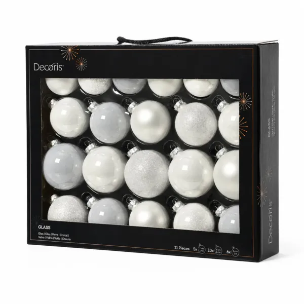 Set van 21 glazen kerstballen Assortiment Winter Wit Kristal
