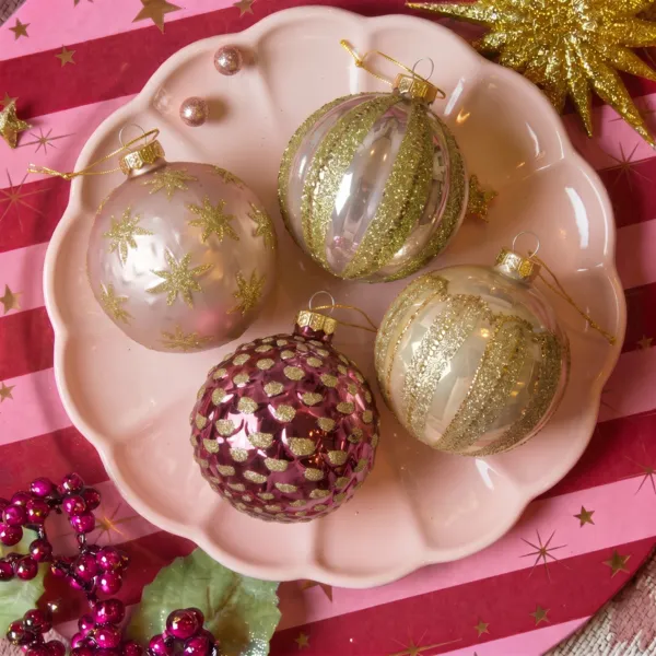 Lot de 12 boules de No�l en verre (D80 mm) Majesty Rose poudr� et fonc�