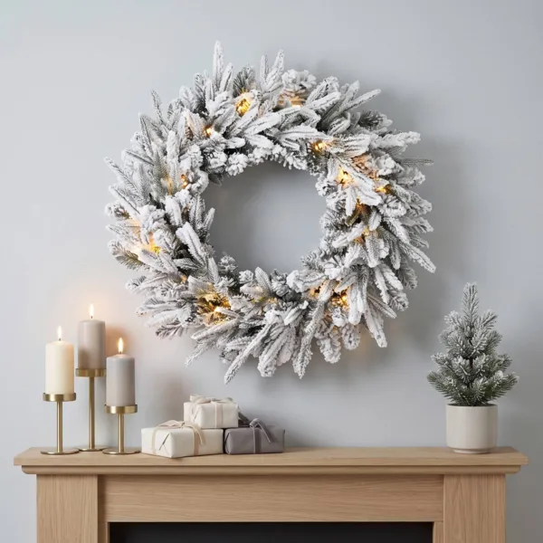 Couronne de No�l lumineuse (D60 cm) Lucania Vert enneig� et blanc chaud