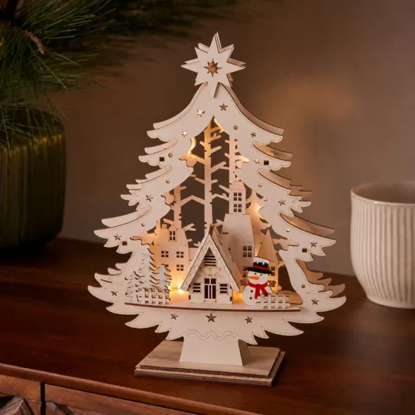 Sapin de No�l en bois lumineux (H39 cm) No�l joyeux Naturel