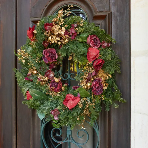 Corona de Navidad (D60 cm) Rosas y bayas Rojo y oro