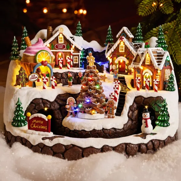 Villaggio di Natale luminoso animato e musicale (H30 cm) Marshmallow e Canna di zucchero