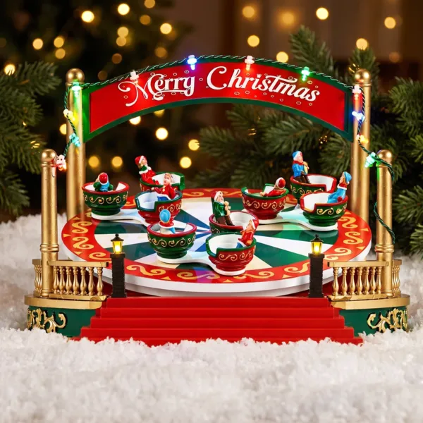 Villaggio di Natale luminoso e animato a pile (H20 cm) Giostra Twist con tazze