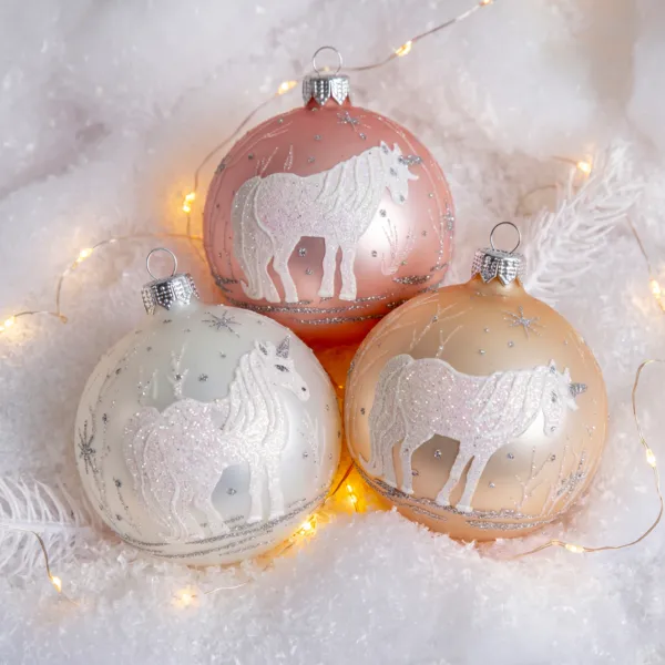 Set di 6 palline di Natale di vetro Unicorno Rosa cipria