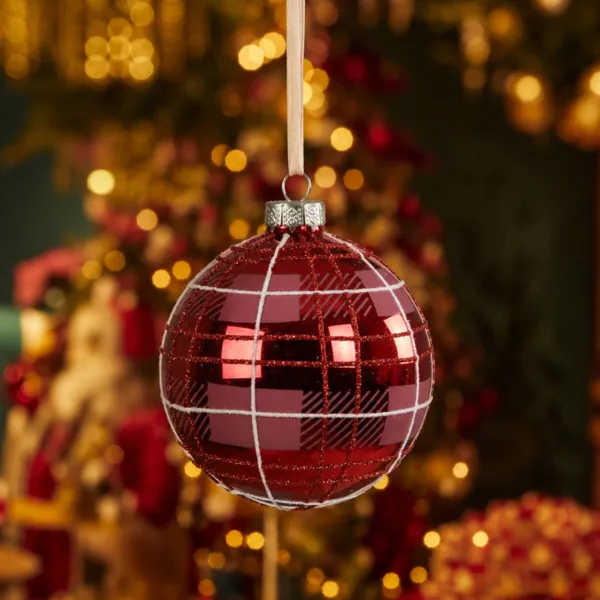 Pallina di natale in vetro (D80 mm) Scottish tartan Rosso