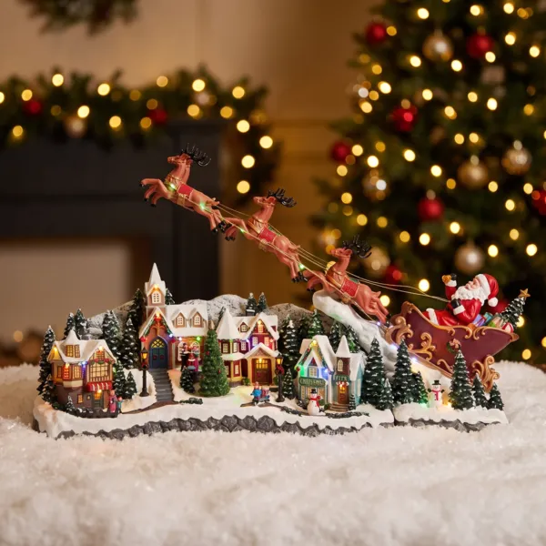 Villaggio di Natale luminoso e animato (H47 cm) La slitta nel cielo
