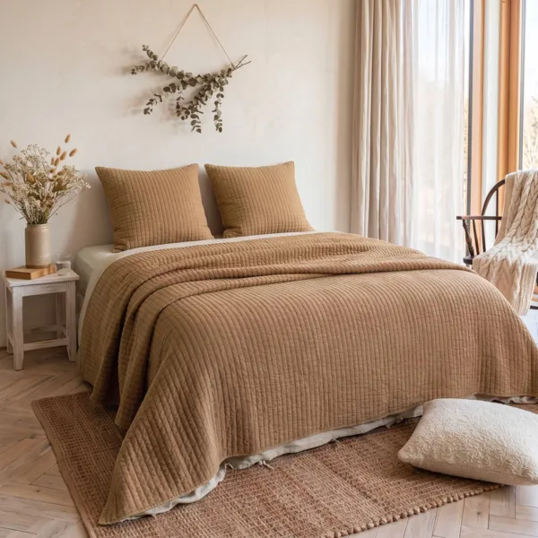 Copriletto trapuntato in cotone (260 x 240 cm) Mira Camel