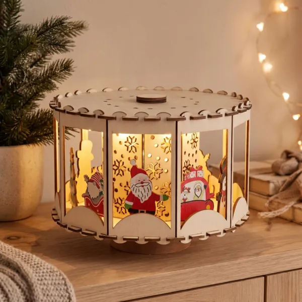 Villaggio di Natale in legno animato e luminoso a pile (20 x H14 cm) Carosello incantato