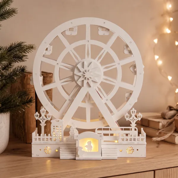 Villaggio di Natale in legno luminoso e animato (H30 cm) Ruota Incantata di Natale