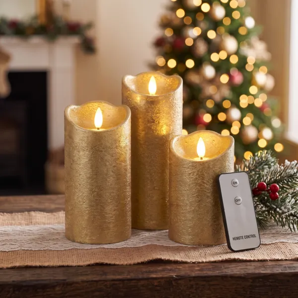 Set di 3 candele LED tremolanti (D7,5 cm) Cera naturale Oro