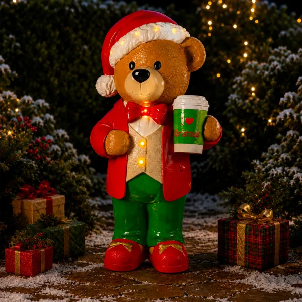 Osito luminoso efecto porcelana (H120 cm) P�pito y taza de caf� Multicolor