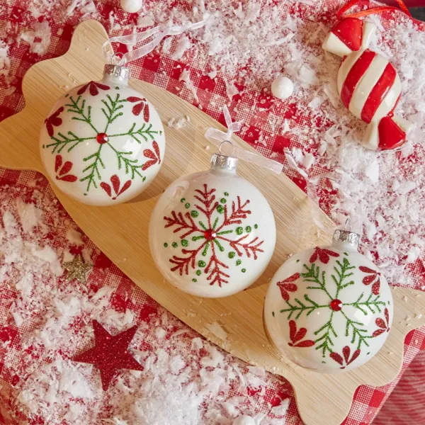 Set di 3 palline di natale in vetro (D80 mm) Prezioso fiocco bianco, rosso e verde