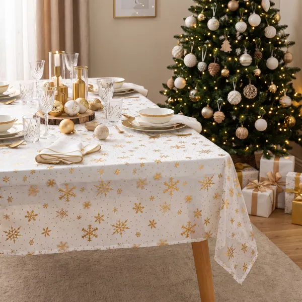 Kersttafelkleed rechthoekig (140 x 240 cm) Sneeuwvlok Wit en goud