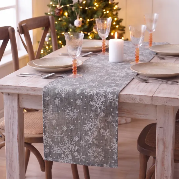 Weihnachtlicher Tischl�ufer (250 x 28 cm) Schneeflocken Grau und Silber