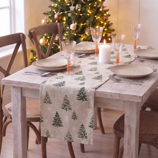 Weihnachtstischl�ufer aus Baumwolle (200 x 28 cm) Tannen Beige, Gr�n und Gold
