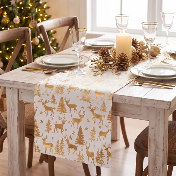 Tischl�ufer (300 x 28 cm) Hirsch und Wald Gold
