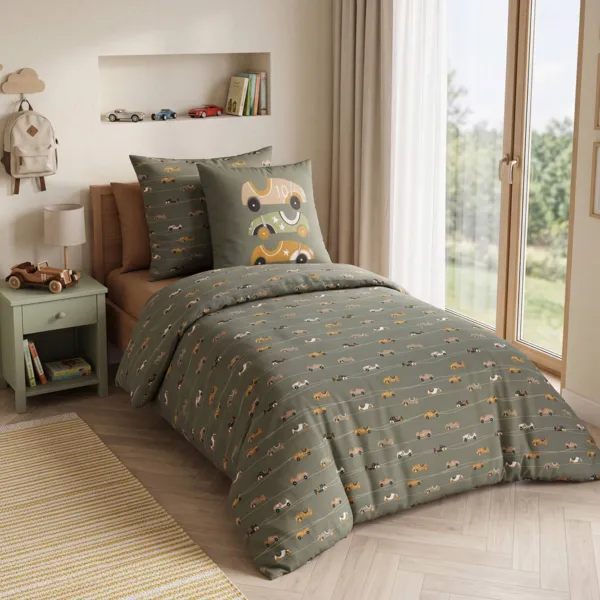 Kinder-Bettbezug aus Baumwollperkal (140 x 200 cm) Vroum Khaki Gr�n