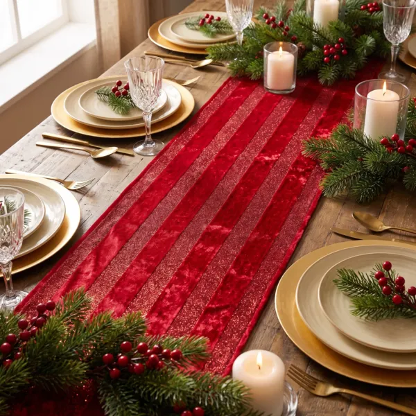 Chemin de table No�l (150 x 28 cm) Velours givr� Rouge