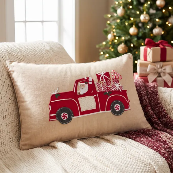 Coussin de No�l rectangulaire (59 x 39 cm) Voiture du P�re No�l Rouge et beige