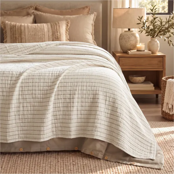 Colcha de gasa de algod�n acolchada (240 x 220 cm) Nola Beige