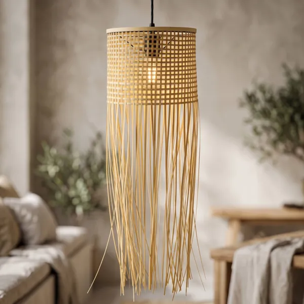 Lysende h�ngelampe med frynser i bambus (H85 cm) Maoki Natur