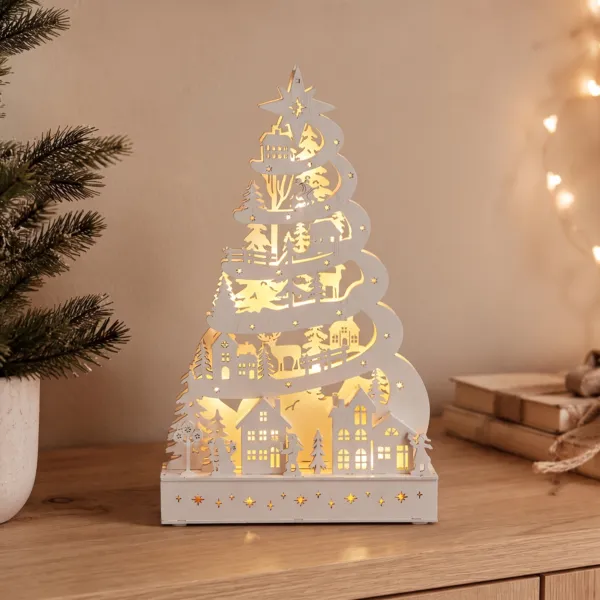 Beleuchteter Weihnachtsbaum aus Holz mit 15 LED (H45 cm) Schneemärchen Weiß - Weihnachtsdeko