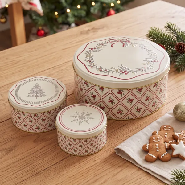Set di 3 scatole di stoccaggio rotonde in metallo Ciliegie Rosso e crema